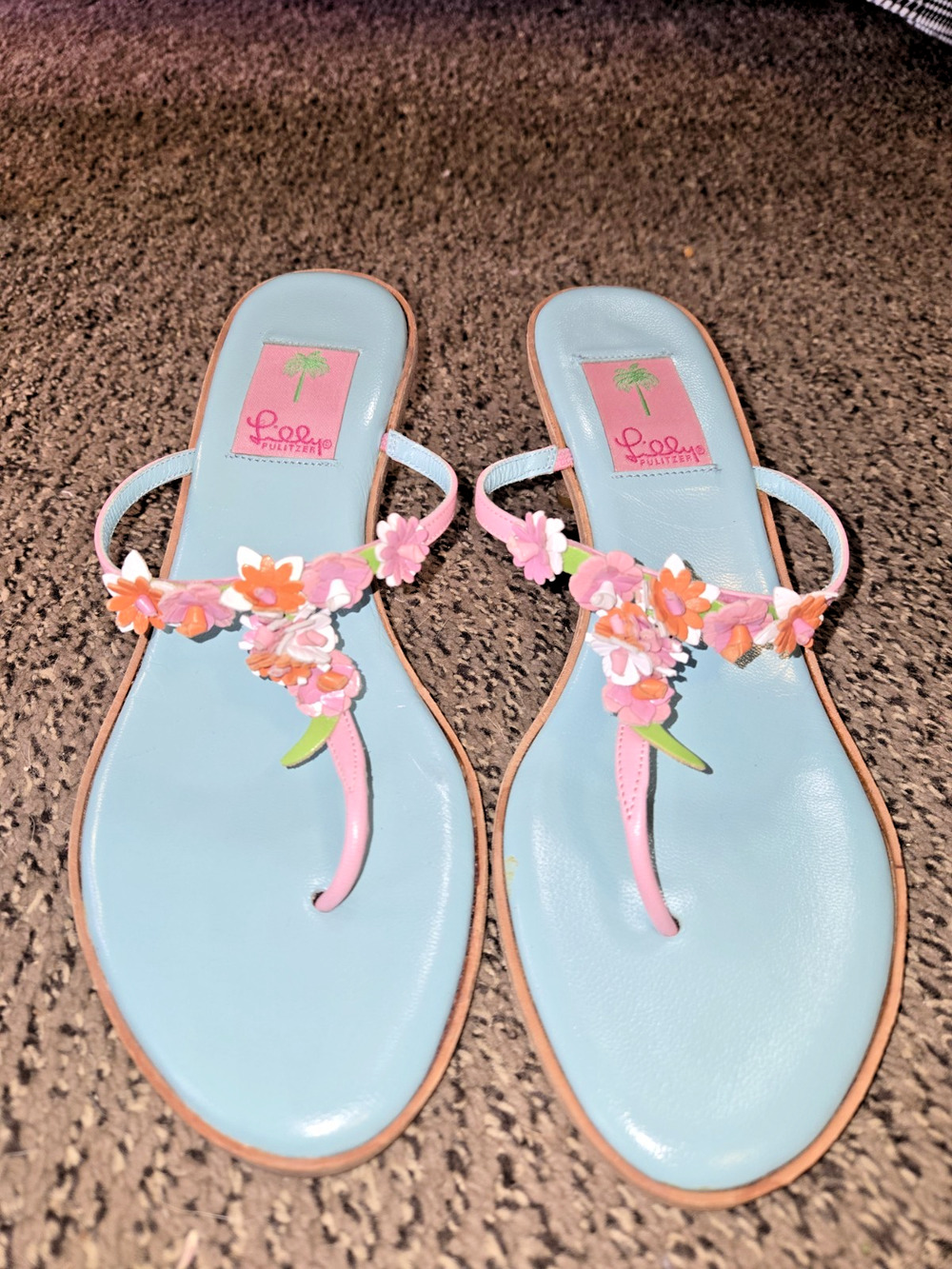 Lilly Pulitzer US Womens Size 9.5M Turq And Pink Floral Thong Kitten Heel Sandle